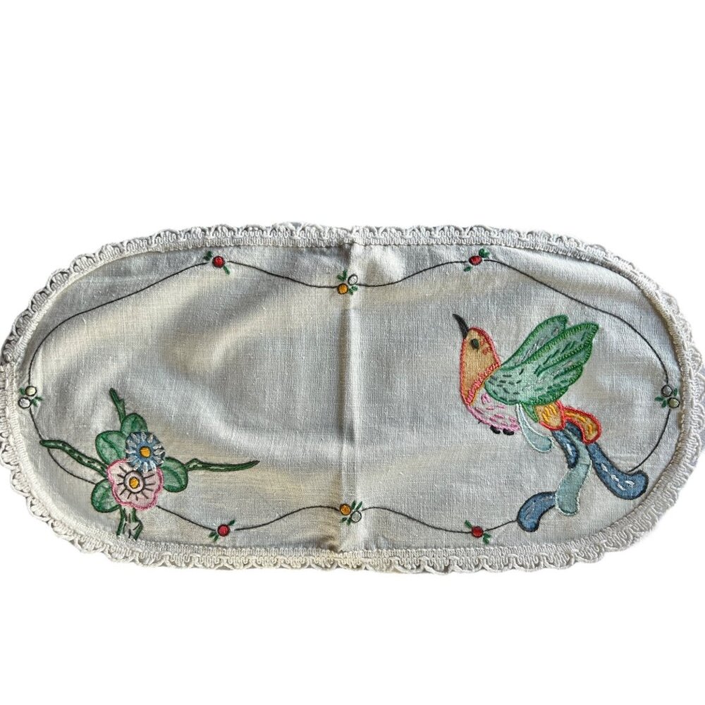 Hand-Painted & Embroidered Table Runner 22" X 11" Beige Cotton Linen Blend Bird